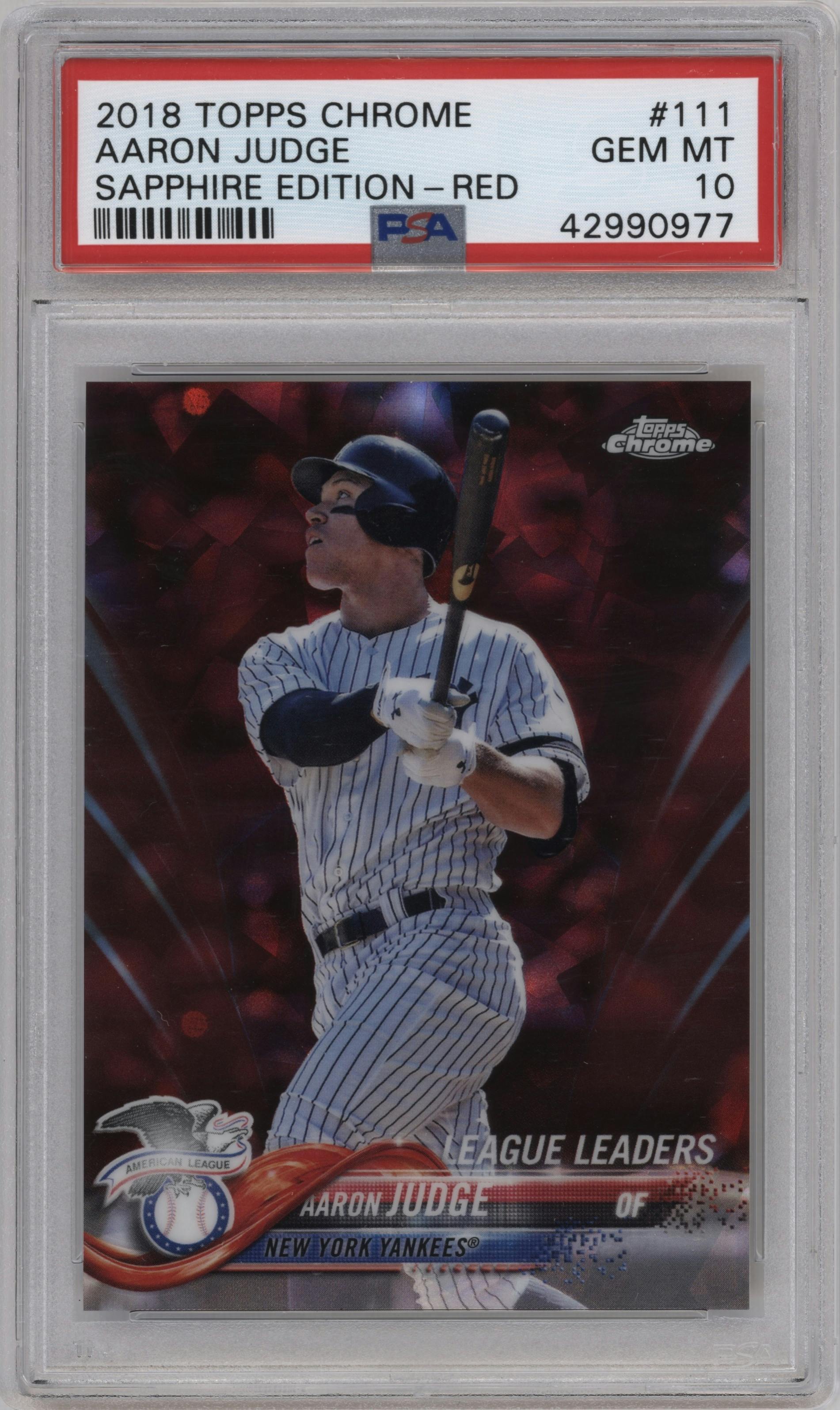 Aaron Judge from the 2018 Topps Chrome Sapphire Edition set featuring a Red parallel graded by PSA and given an overall grade of 10.