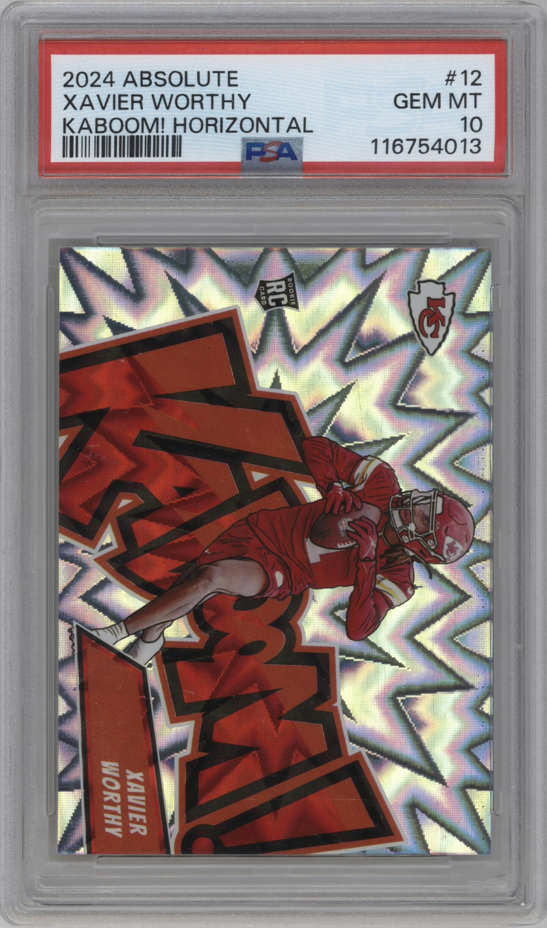 Xavier Worthy from the 2024 Panini Absolute set graded by PSA and given an overall grade of 10.