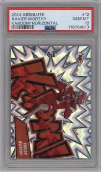 Xavier Worthy from the 2024 Panini Absolute set graded by PSA and given an overall grade of 10.