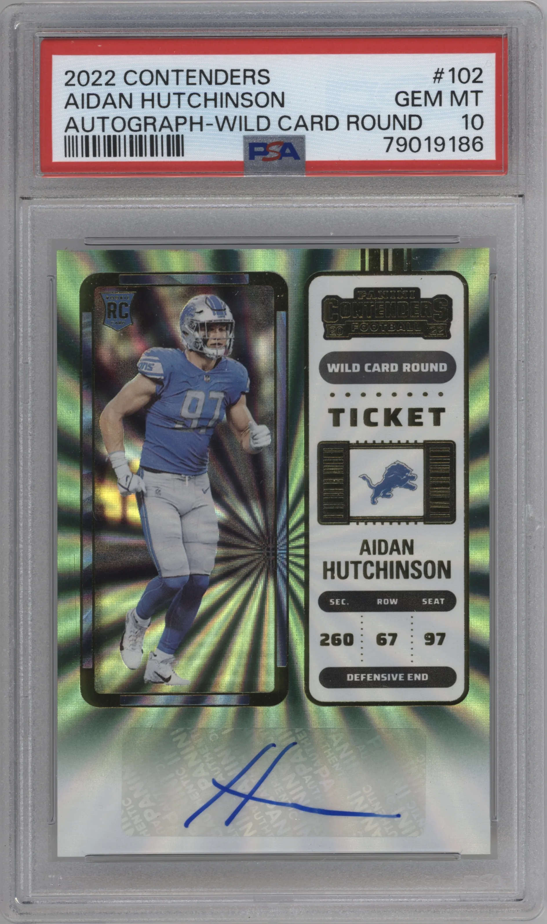 2022 Panini Contenders Rke.Tkt.Auto Aidan Hutchinson Wild Card Round #102 PSA 10