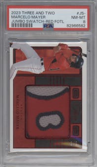 Marcelo Mayer from the 2023 Panini Three & Two set featuring a Red FOTL parallel graded by PSA and given an overall grade of 8.