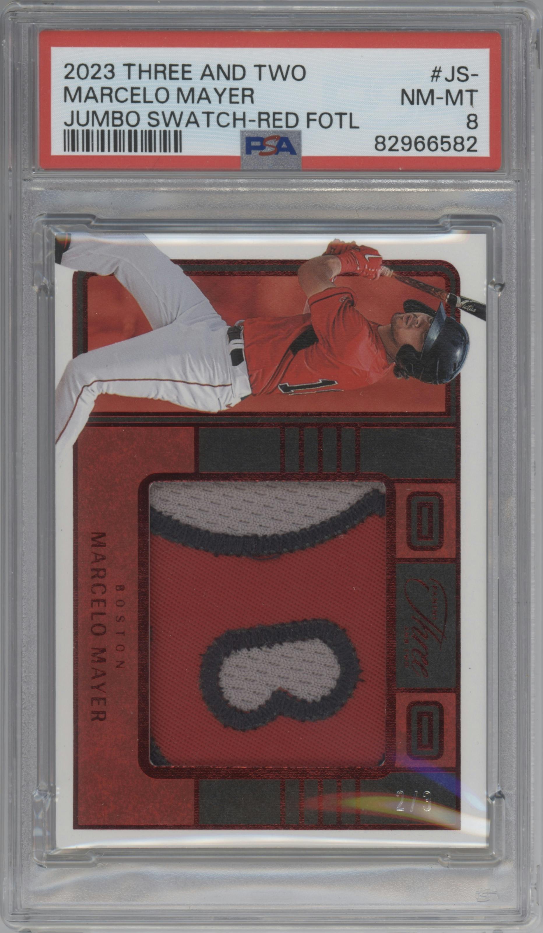 Marcelo Mayer from the 2023 Panini Three & Two set featuring a Red FOTL parallel graded by PSA and given an overall grade of 8.