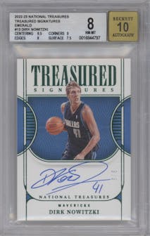Dirk Nowitzki from the 2022-23 Panini National Treasures set featuring a Emerald parallel graded by Beckett and given an overall grade of 8.