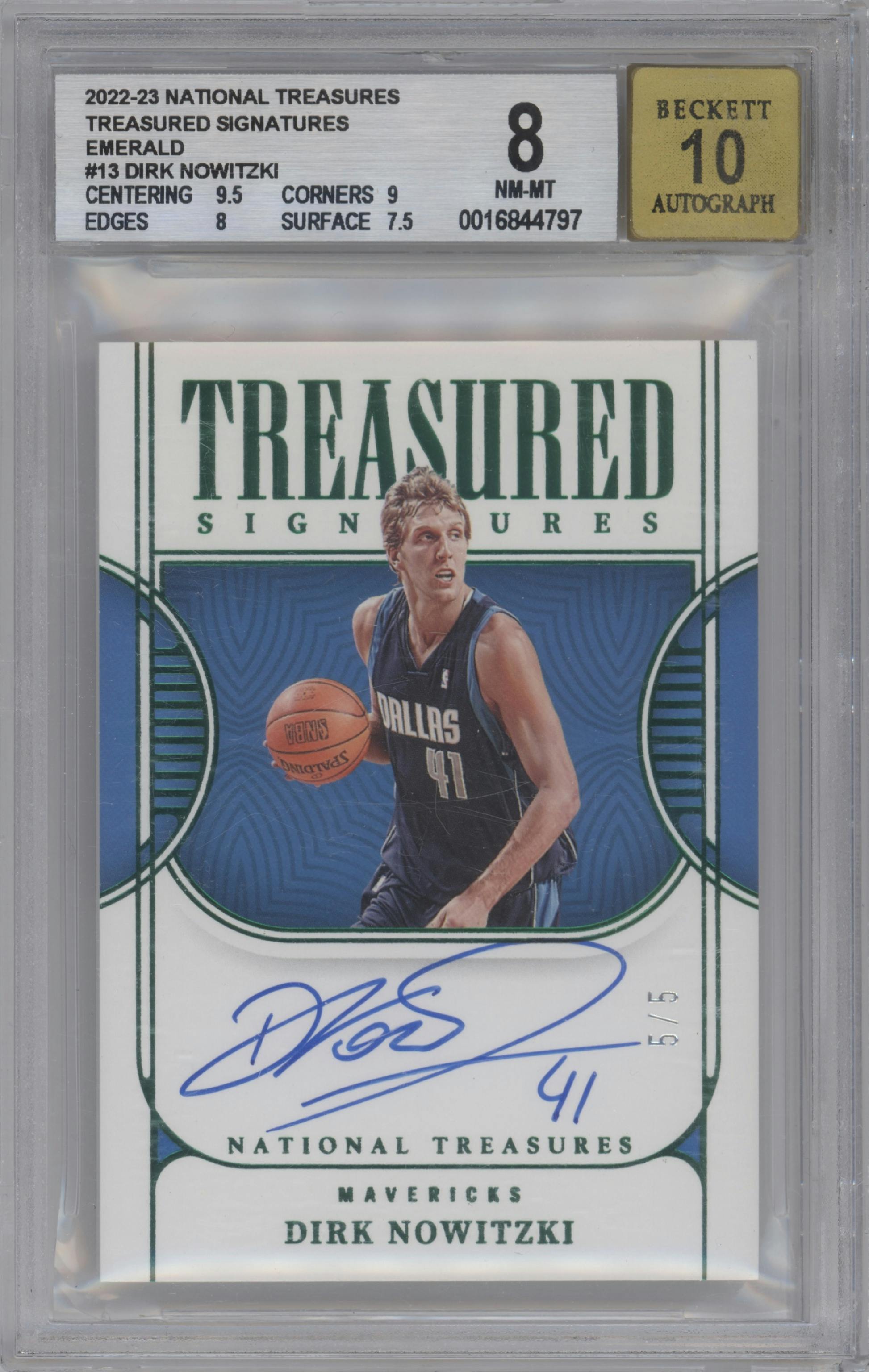 Dirk Nowitzki from the 2022-23 Panini National Treasures set featuring a Emerald parallel graded by Beckett and given an overall grade of 8.