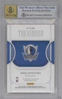 Dirk Nowitzki from the 2022-23 Panini National Treasures set featuring a Emerald parallel graded by Beckett and given an overall grade of 8.