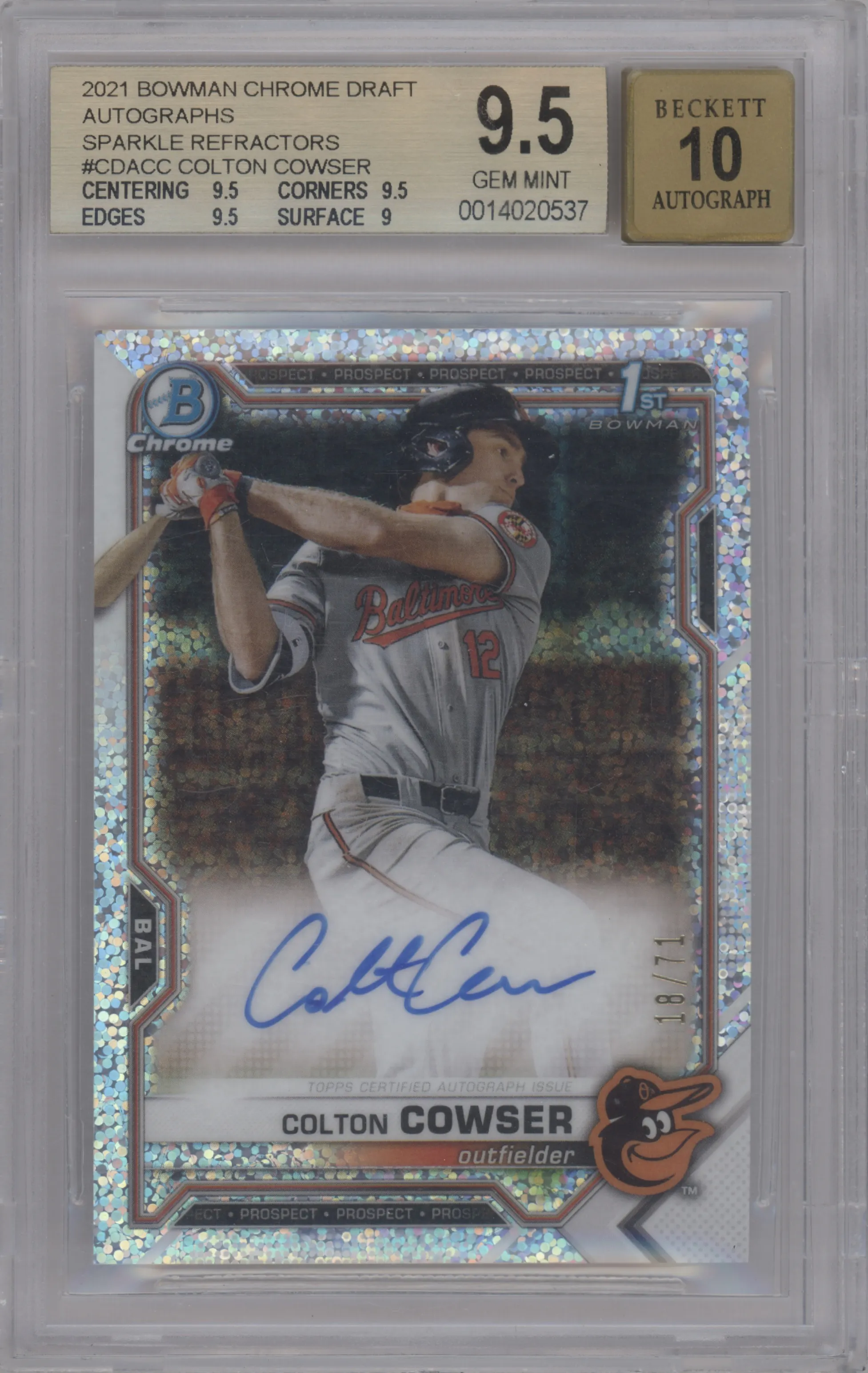2021 Bowman Draft Chr.DP Auto Colton Cowser Sparkle Refractor BGS 9.5