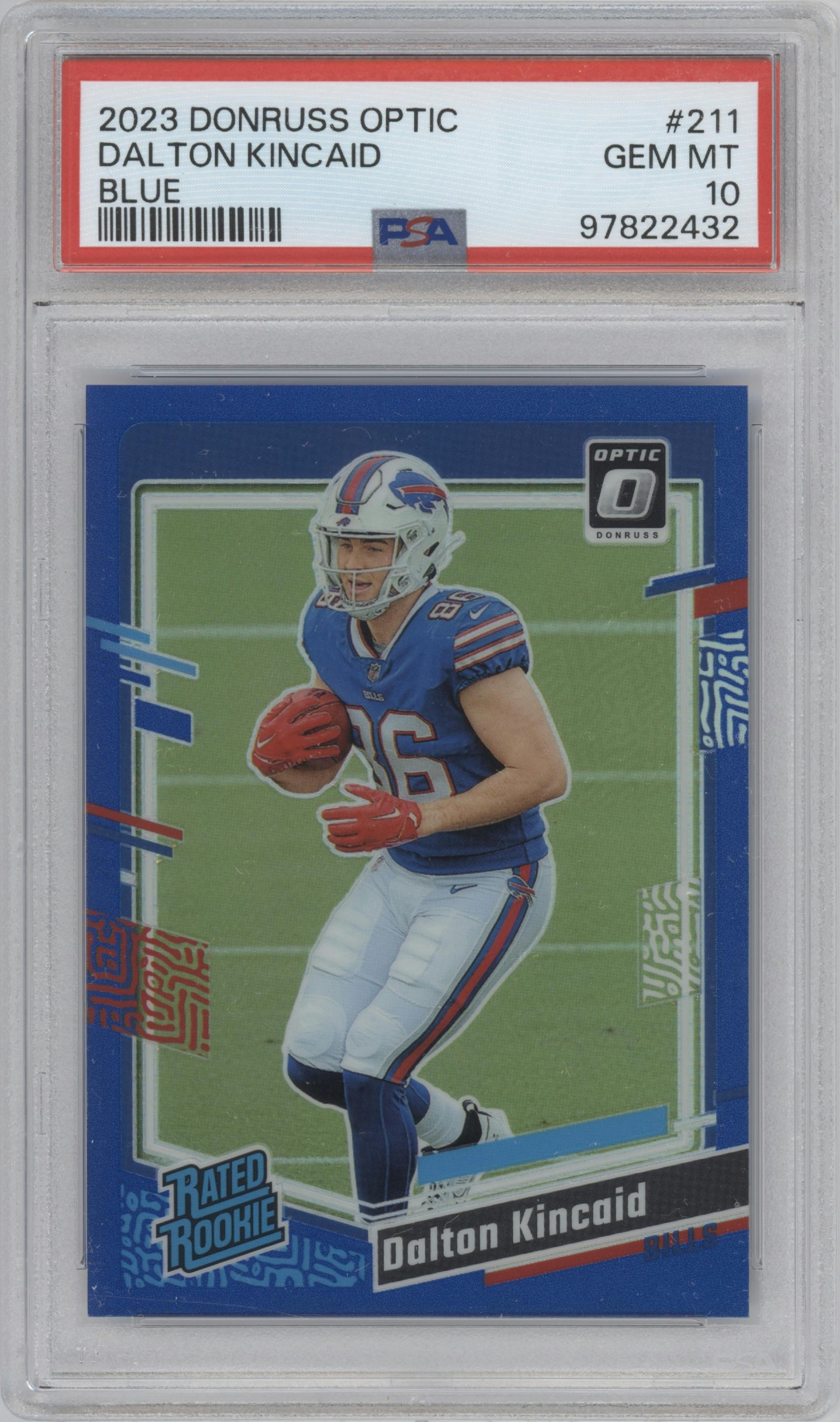 Dalton Kincaid from the 2023 Donruss Optic set featuring a Blue parallel graded by PSA and given an overall grade of 10.