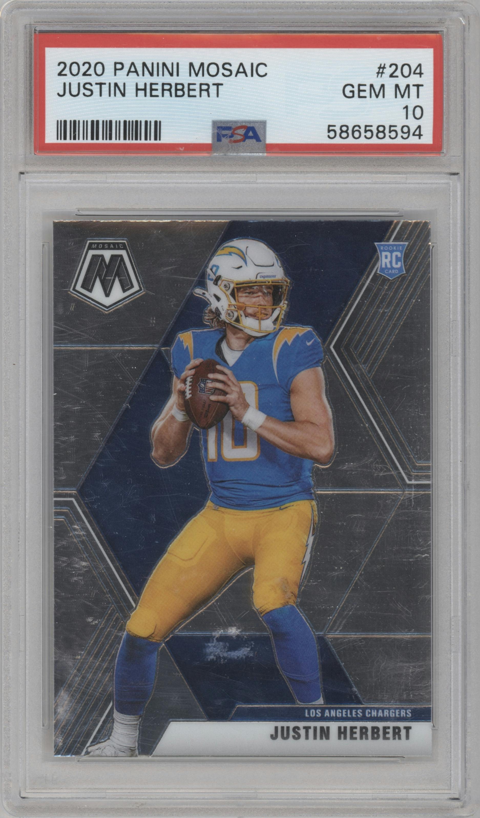 Justin Herbert from the 2020 Panini Mosaic set graded by PSA and given an overall grade of 10.