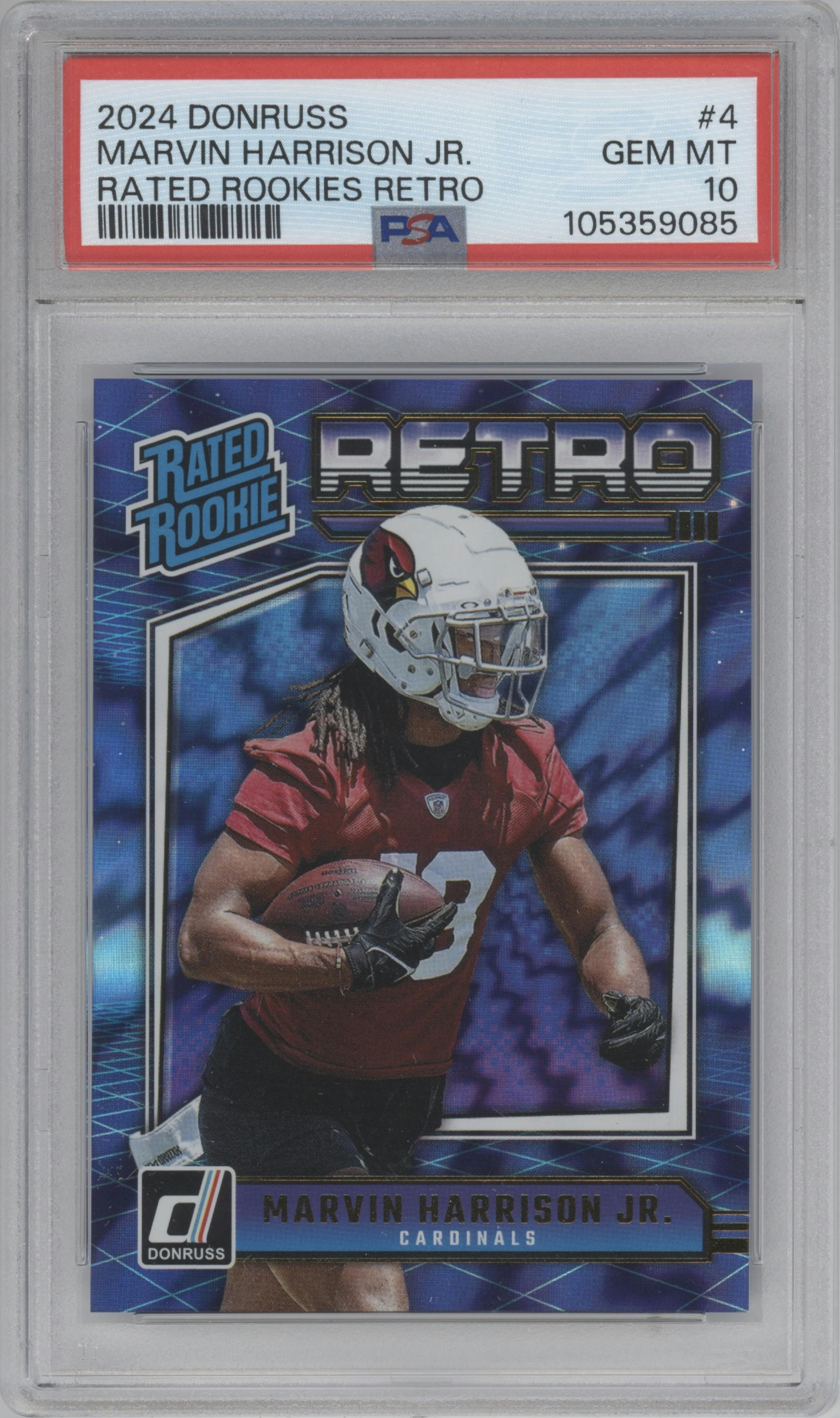 Marvin Harrison Jr. from the 2024 Donruss set graded by PSA and given an overall grade of 10.