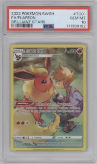 Flareon from the 2022 Pokemon SWSH set graded by PSA and given an overall grade of 10.