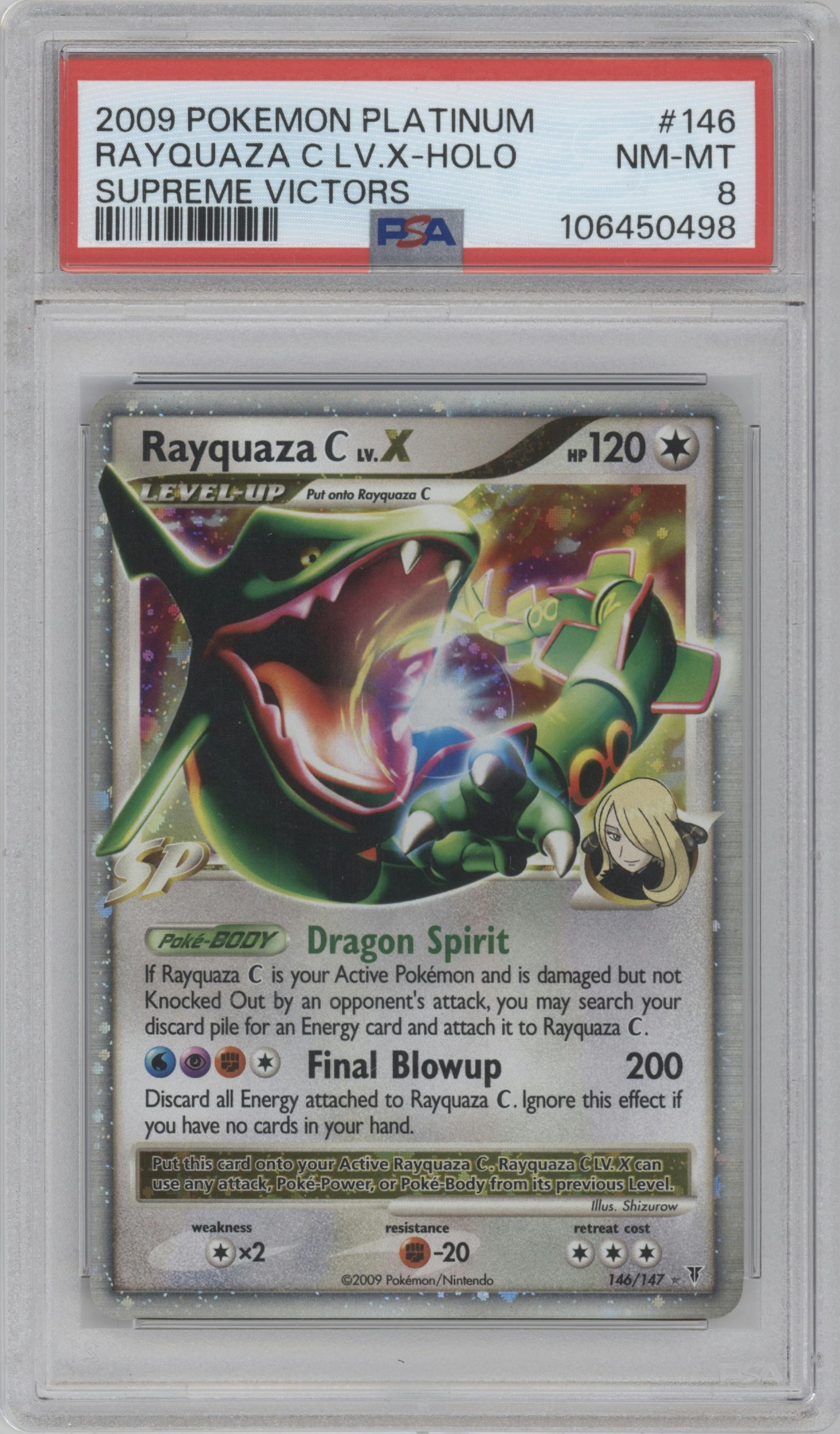 Rayquaza C LV. X from the 2009 Pokemon Platinum set graded by PSA and given an overall grade of 8.