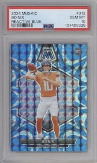 Bo Nix from the 2024 Panini Mosaic set featuring a Reactive Blue parallel graded by PSA and given an overall grade of 10.