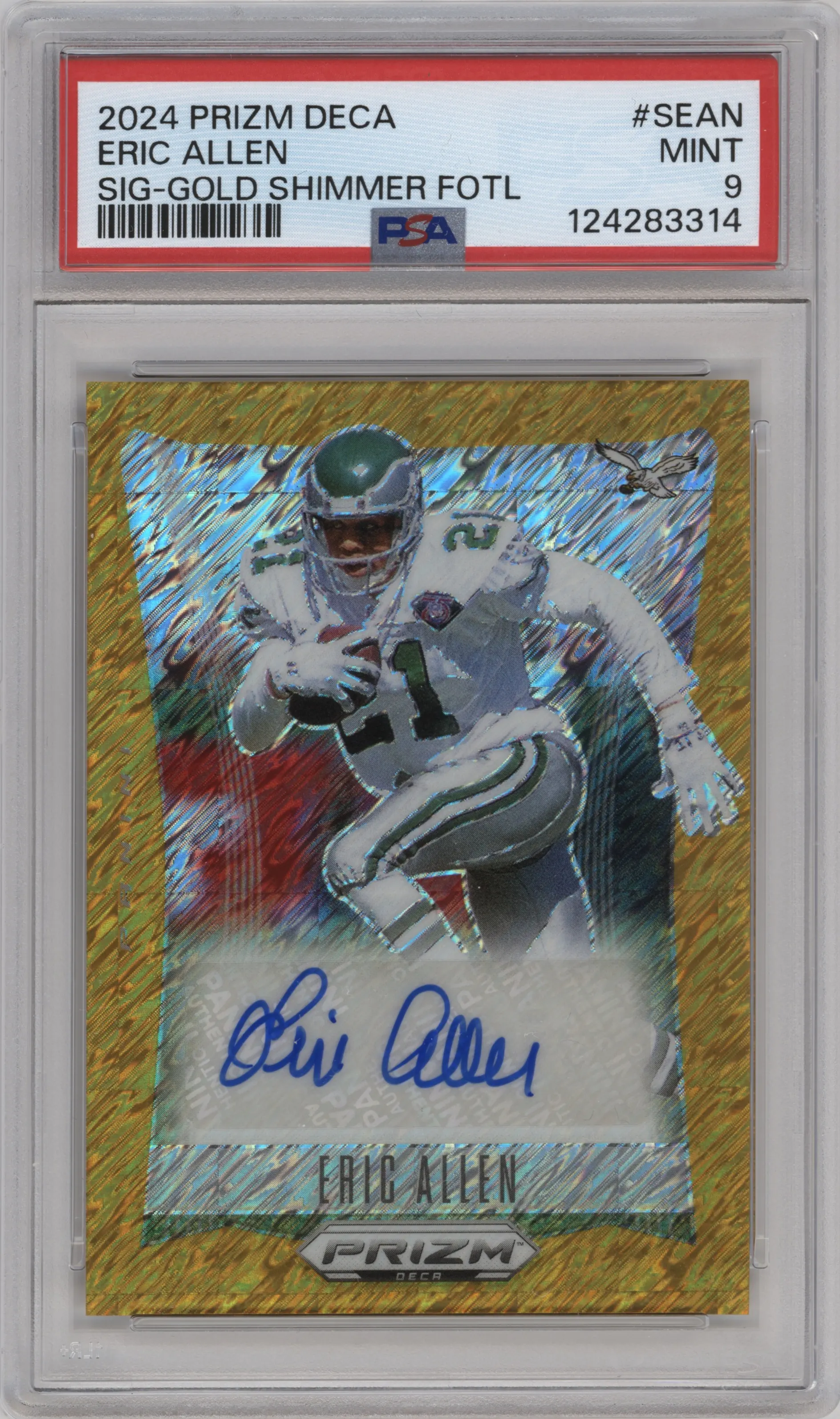2024 Panini Prizm Deca Sig. Eric Allen Gold Shimmer Prizm FOTL #S-EAN PSA 9