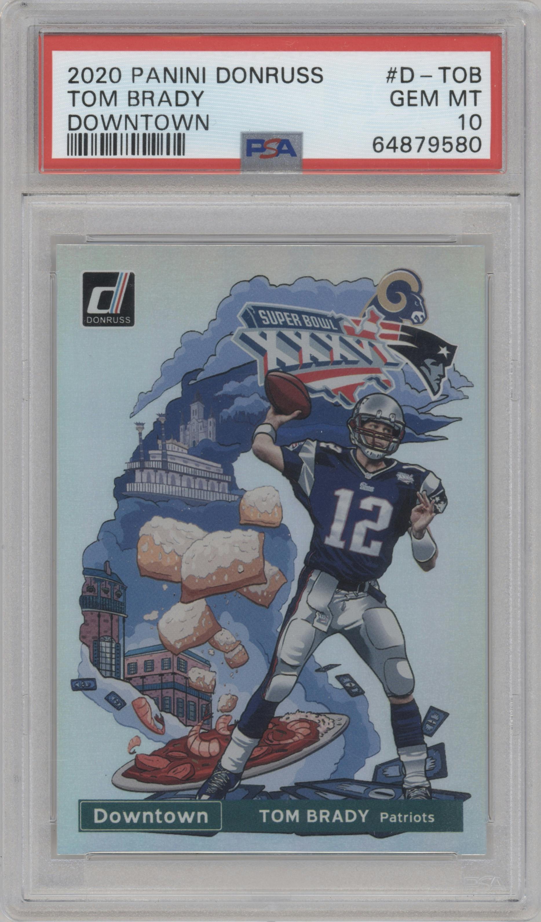 Tom Brady from the 2020 Panini Donruss set graded by PSA and given an overall grade of 10.