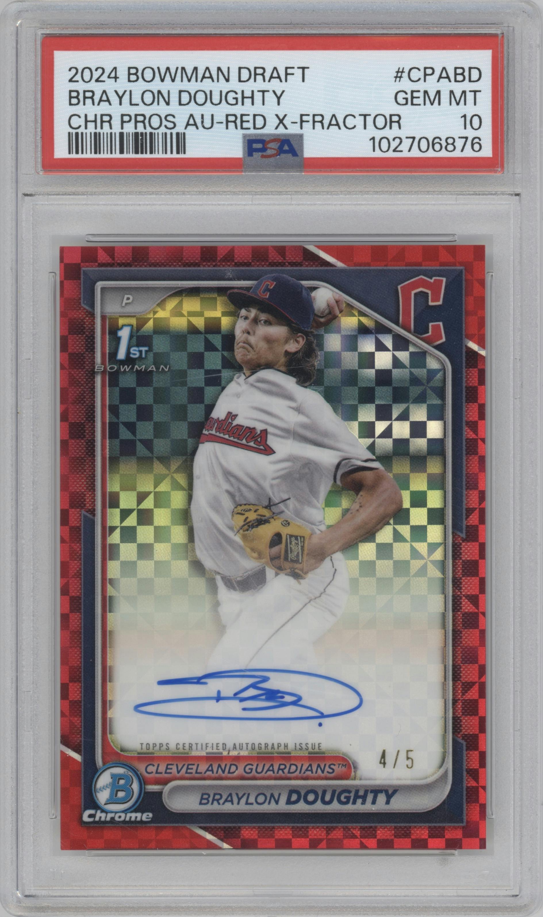 Braylon Doughty from the 2024 Bowman Draft set featuring a Red X-Fractor parallel graded by PSA and given an overall grade of 10.