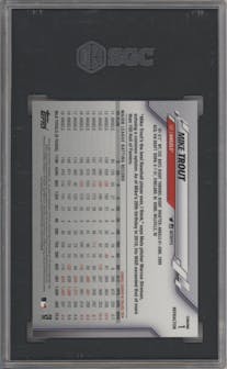 Mike Trout from the 2020 Topps Chrome set featuring a Sepia Refractor parallel graded by SGC and given an overall grade of 10.