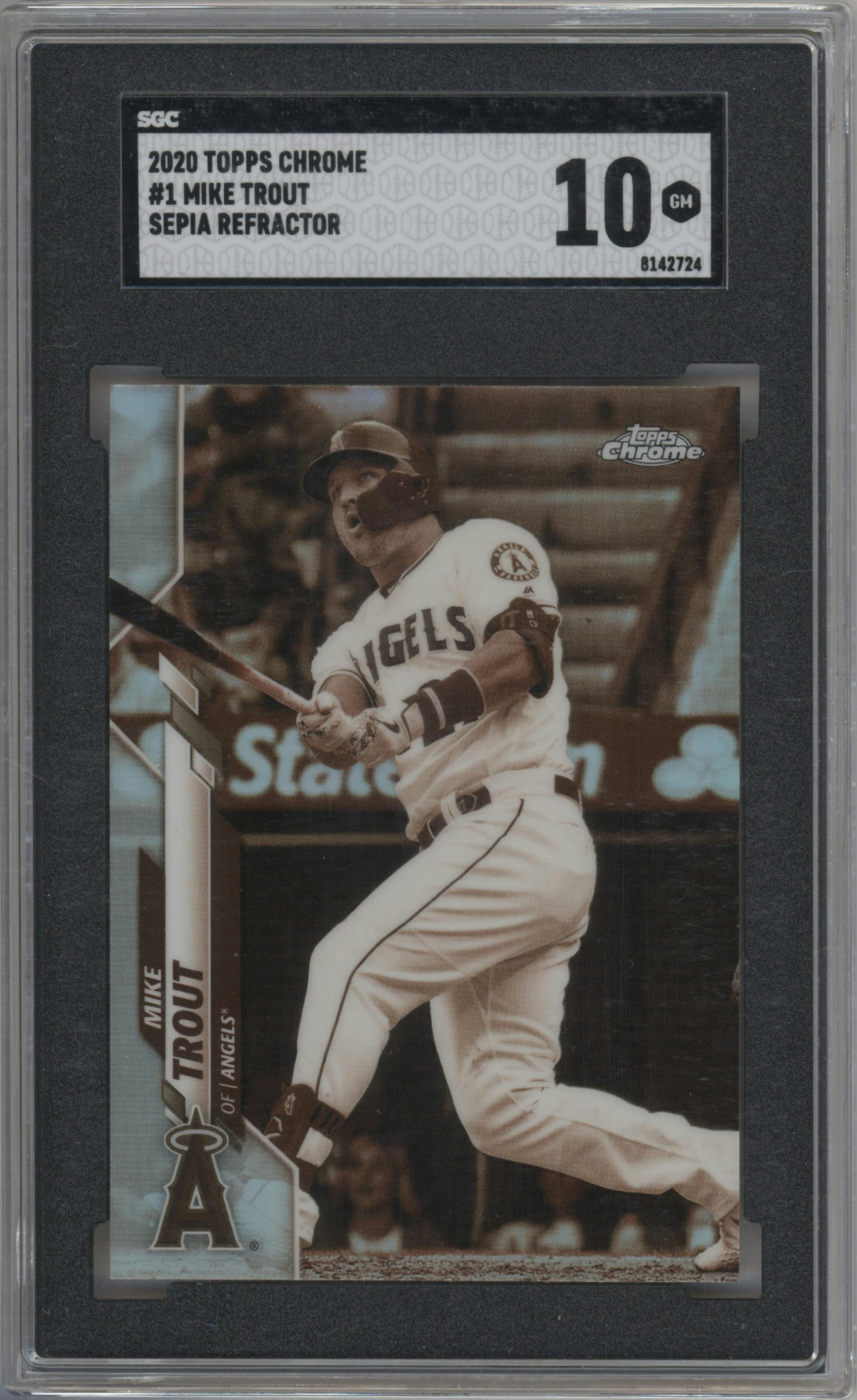 Mike Trout from the 2020 Topps Chrome set featuring a Sepia Refractor parallel graded by SGC and given an overall grade of 10.