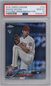 Shohei Ohtani from the 2018 Topps Chrome set featuring a Prism Refractor parallel graded by PSA and given an overall grade of 10.