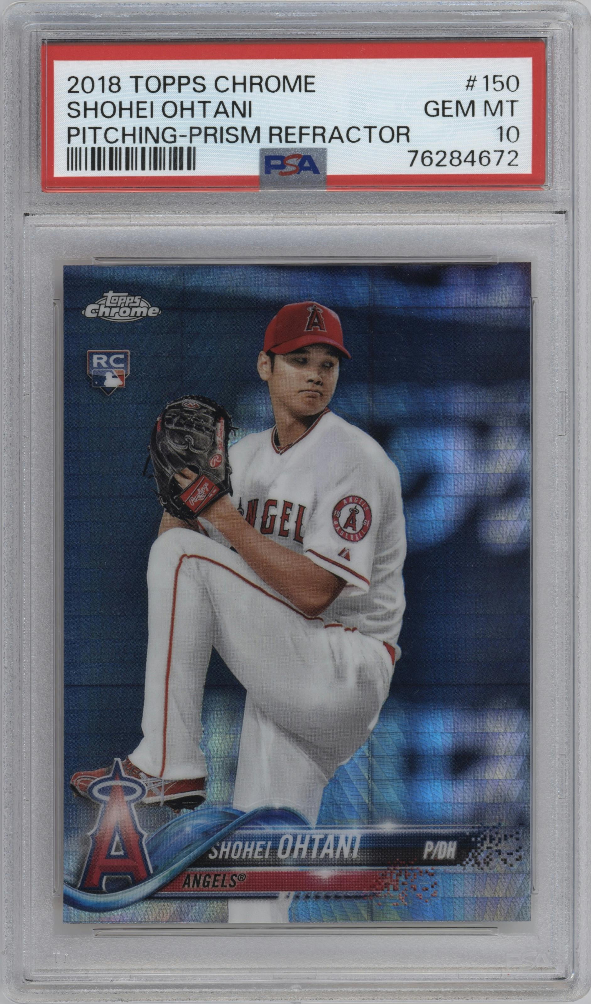 Shohei Ohtani from the 2018 Topps Chrome set featuring a Prism Refractor parallel graded by PSA and given an overall grade of 10.