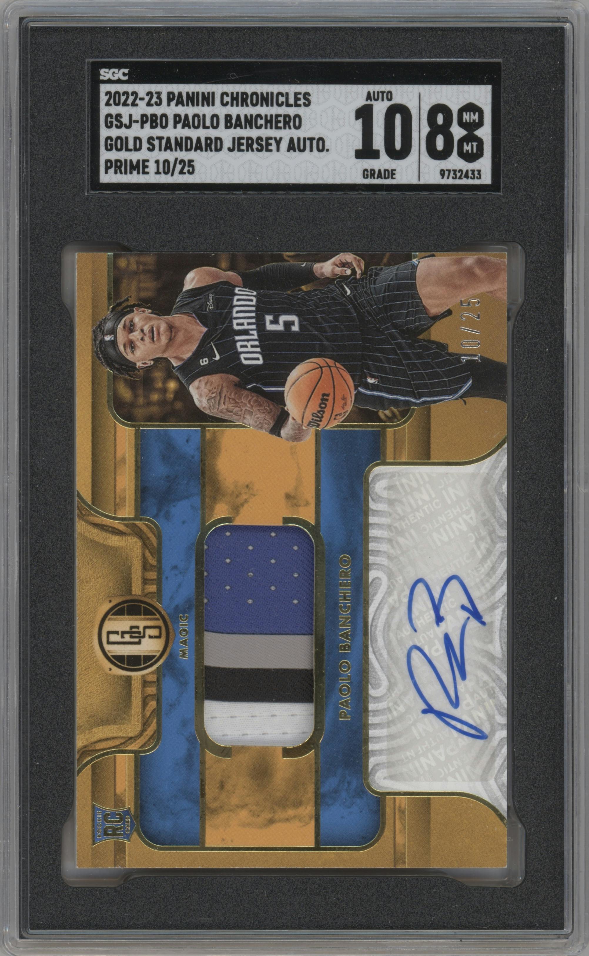 Paolo Banchero from the 2022-23 Panini Chronicles  set featuring a Prime parallel graded by SGC and given an overall grade of 8.
