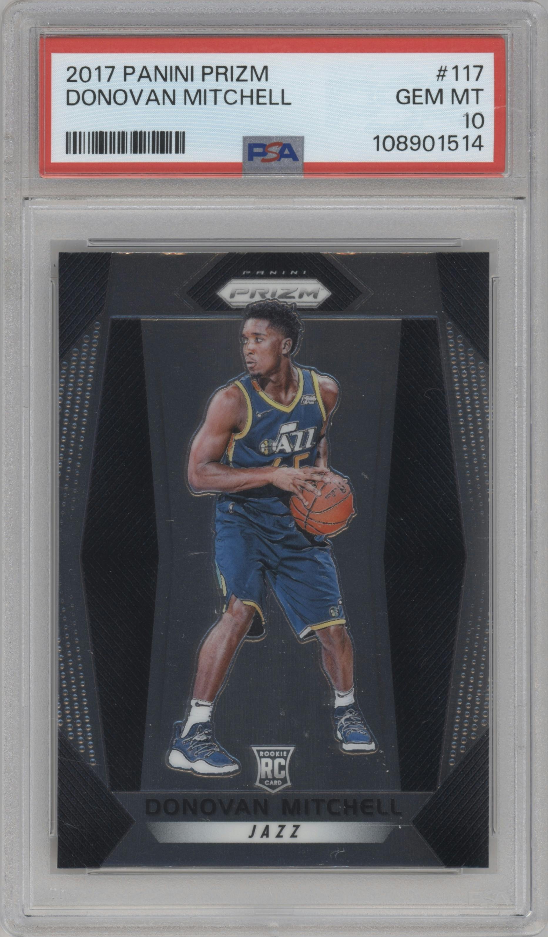 Donovan Mitchell from the 2017-18 Panini Prizm  set graded by PSA and given an overall grade of 10.