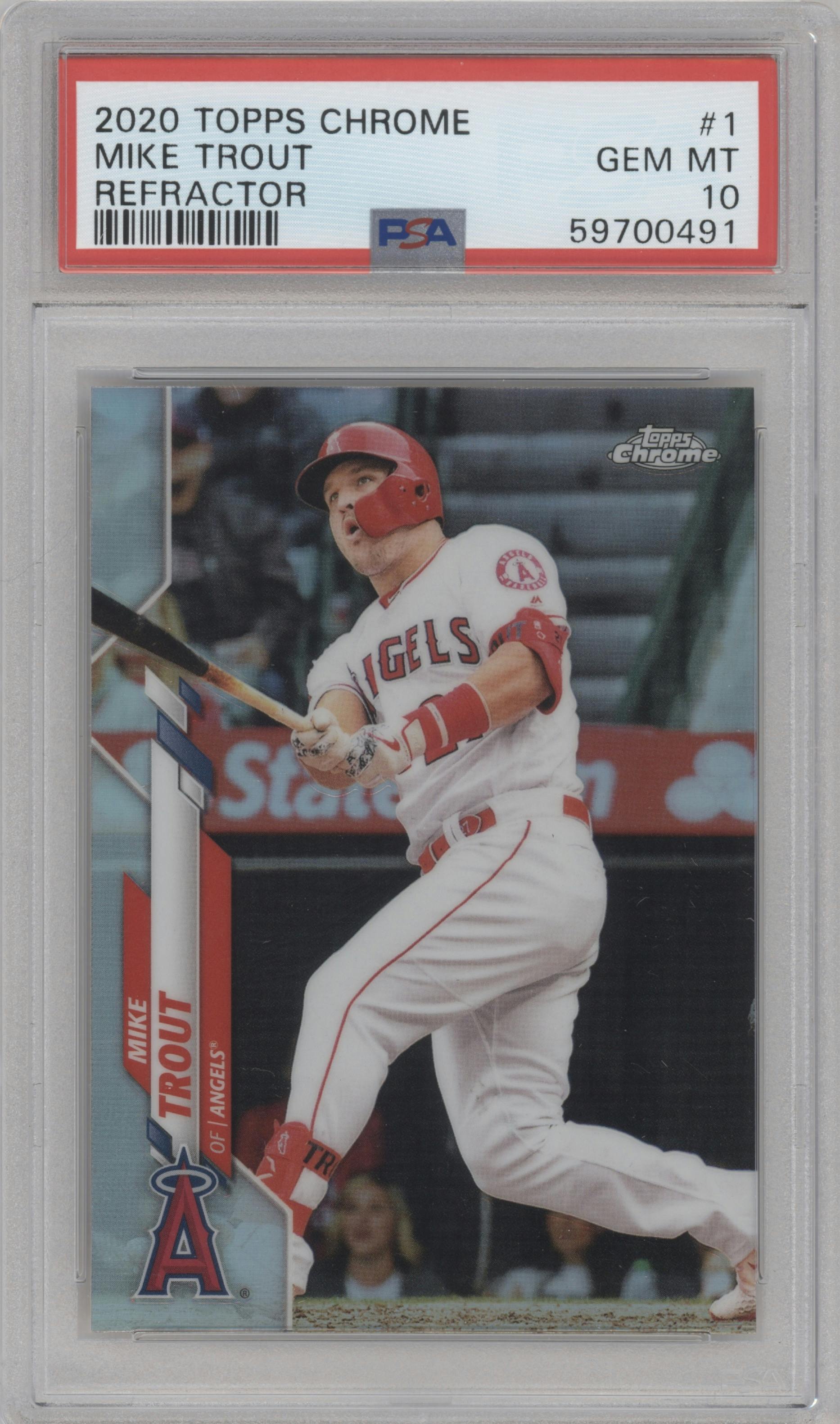 Mike Trout from the 2020 Topps Chrome set featuring a Refractor  parallel graded by PSA and given an overall grade of 10.