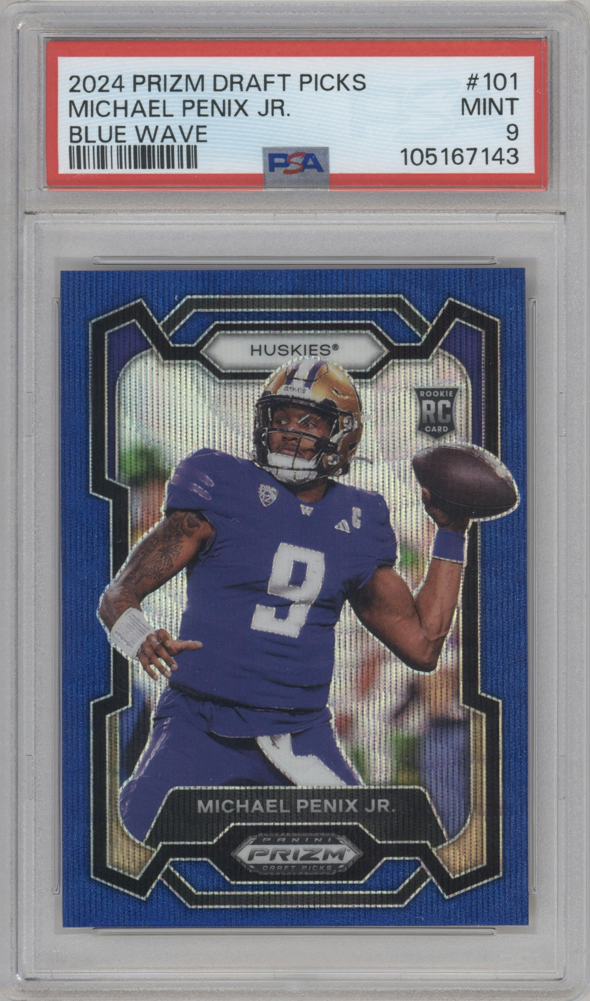 Michael Penix Jr. from the 2024 Panini Prizm Draft Picks set featuring a Blue Wave parallel graded by PSA and given an overall grade of 9.