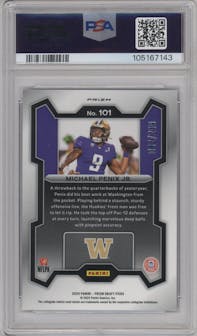 Michael Penix Jr. from the 2024 Panini Prizm Draft Picks set featuring a Blue Wave parallel graded by PSA and given an overall grade of 9.