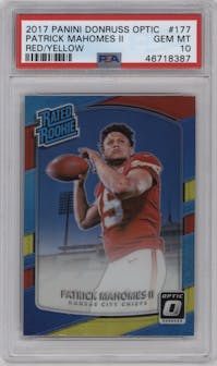 Patrick Mahomes II from the 2017 Panini Donruss Optic set featuring a Red/Yellow parallel graded by PSA and given an overall grade of 10.