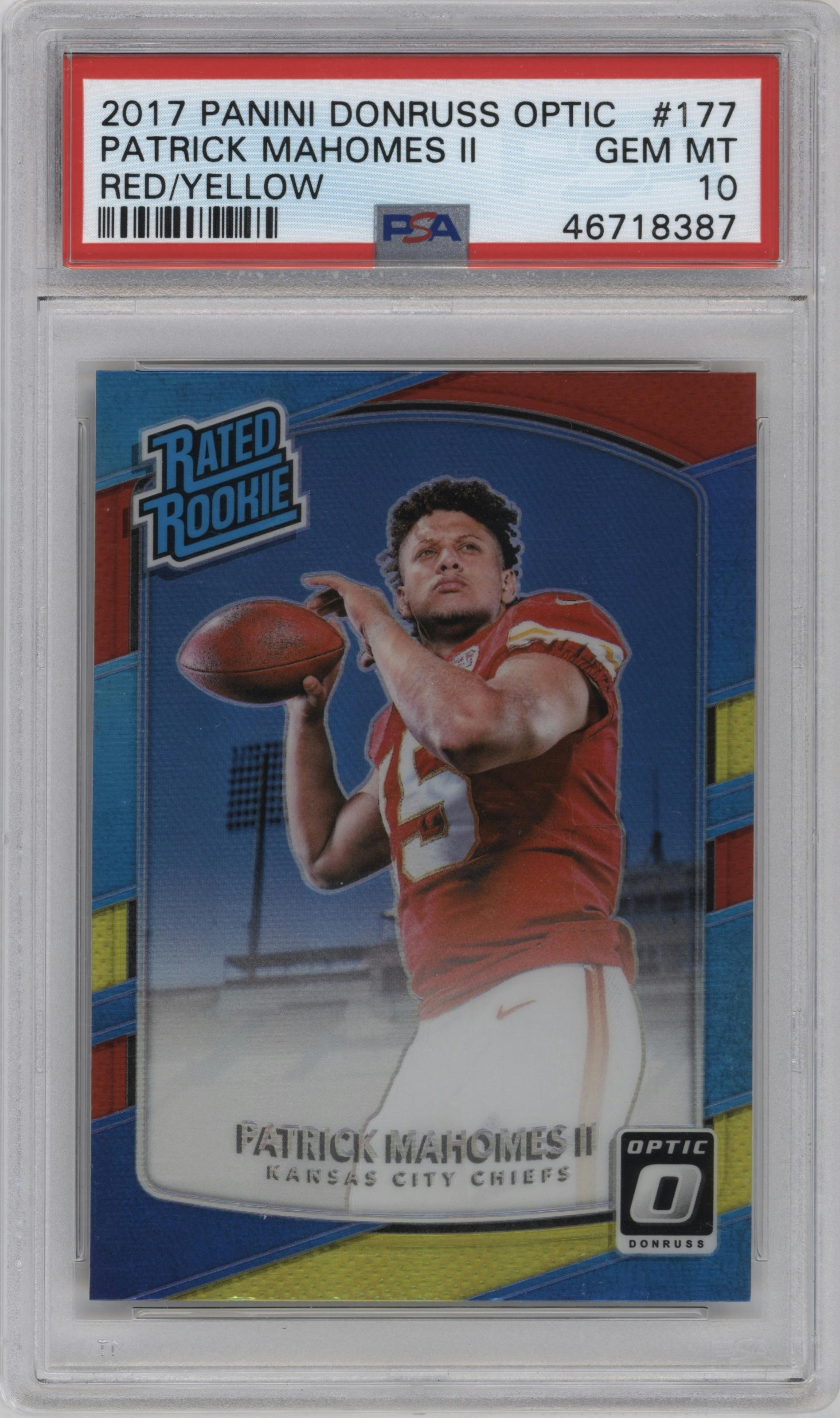 Patrick Mahomes II from the 2017 Panini Donruss Optic set featuring a Red/Yellow parallel graded by PSA and given an overall grade of 10.