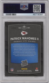Patrick Mahomes II from the 2017 Panini Donruss Optic set featuring a Red/Yellow parallel graded by PSA and given an overall grade of 10.