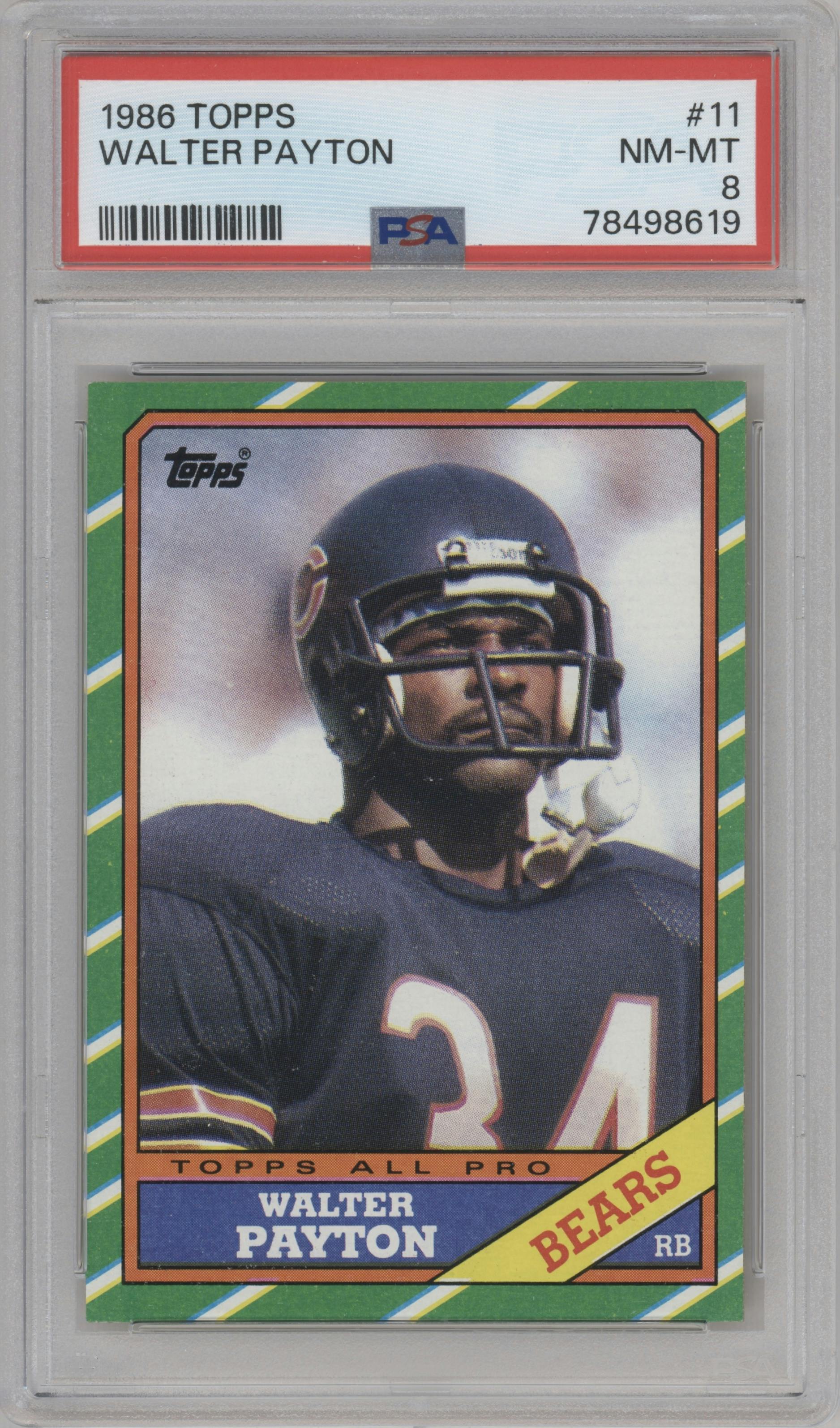 Walter Payton from the 1986 Topps set graded by PSA and given an overall grade of 8.