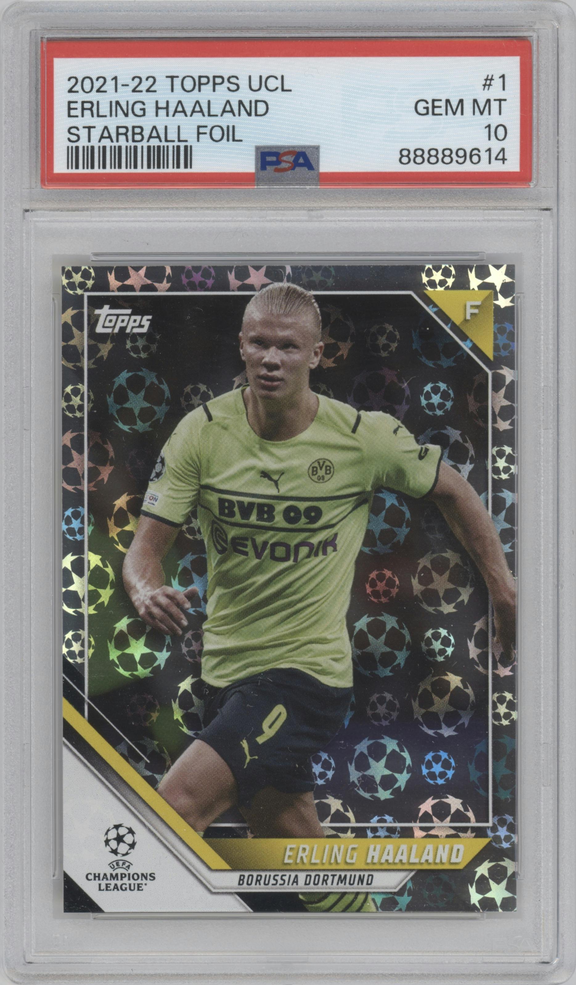 Erling Haaland from the 2021-22 Topps UEFA CL set featuring a Starball Foil  parallel graded by PSA and given an overall grade of 10.