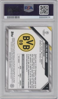 Erling Haaland from the 2021-22 Topps UEFA CL set featuring a Starball Foil  parallel graded by PSA and given an overall grade of 10.