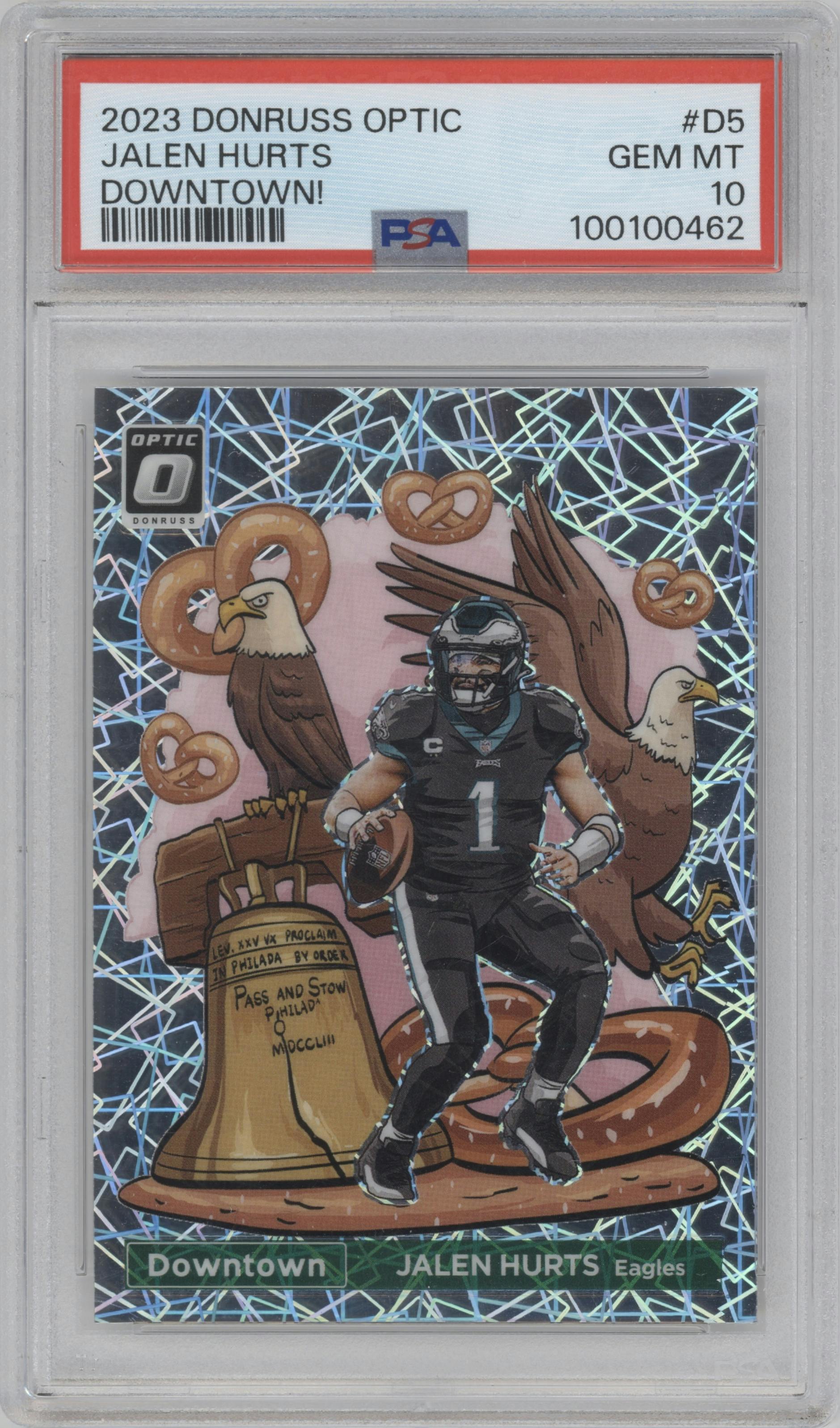 Jalen Hurts from the 2023 Donruss Optic set graded by PSA and given an overall grade of 10.