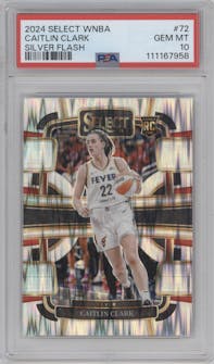 Caitlin Clark from the 2024 Panini Select WNBA set featuring a Silver Flash Prizm  parallel graded by PSA and given an overall grade of 10.