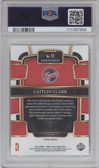Caitlin Clark from the 2024 Panini Select WNBA set featuring a Silver Flash Prizm  parallel graded by PSA and given an overall grade of 10.