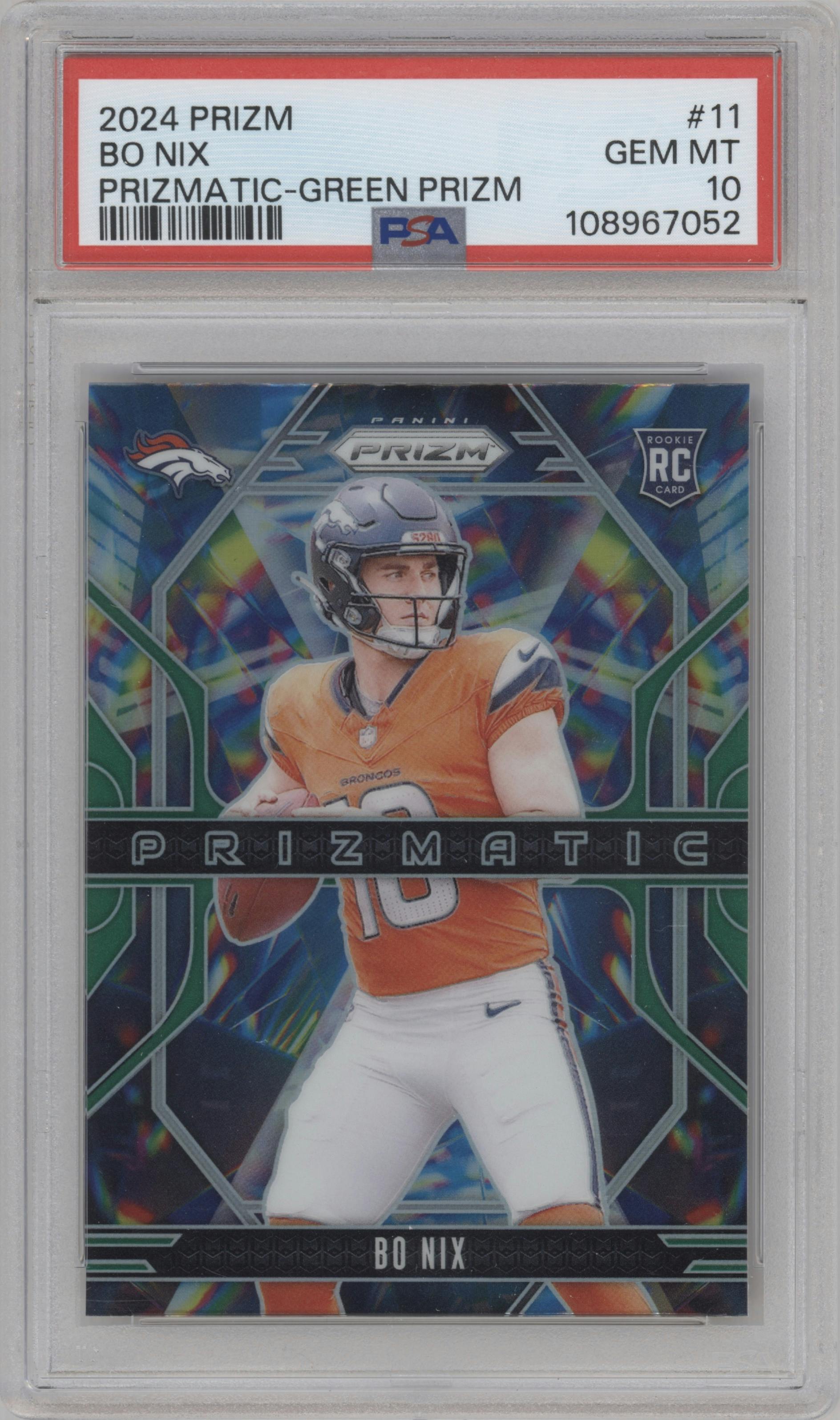 Bo Nix from the 2024 Panini Prizm set featuring a Green Prizm parallel graded by PSA and given an overall grade of 10.
