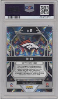Bo Nix from the 2024 Panini Prizm set featuring a Green Prizm parallel graded by PSA and given an overall grade of 10.