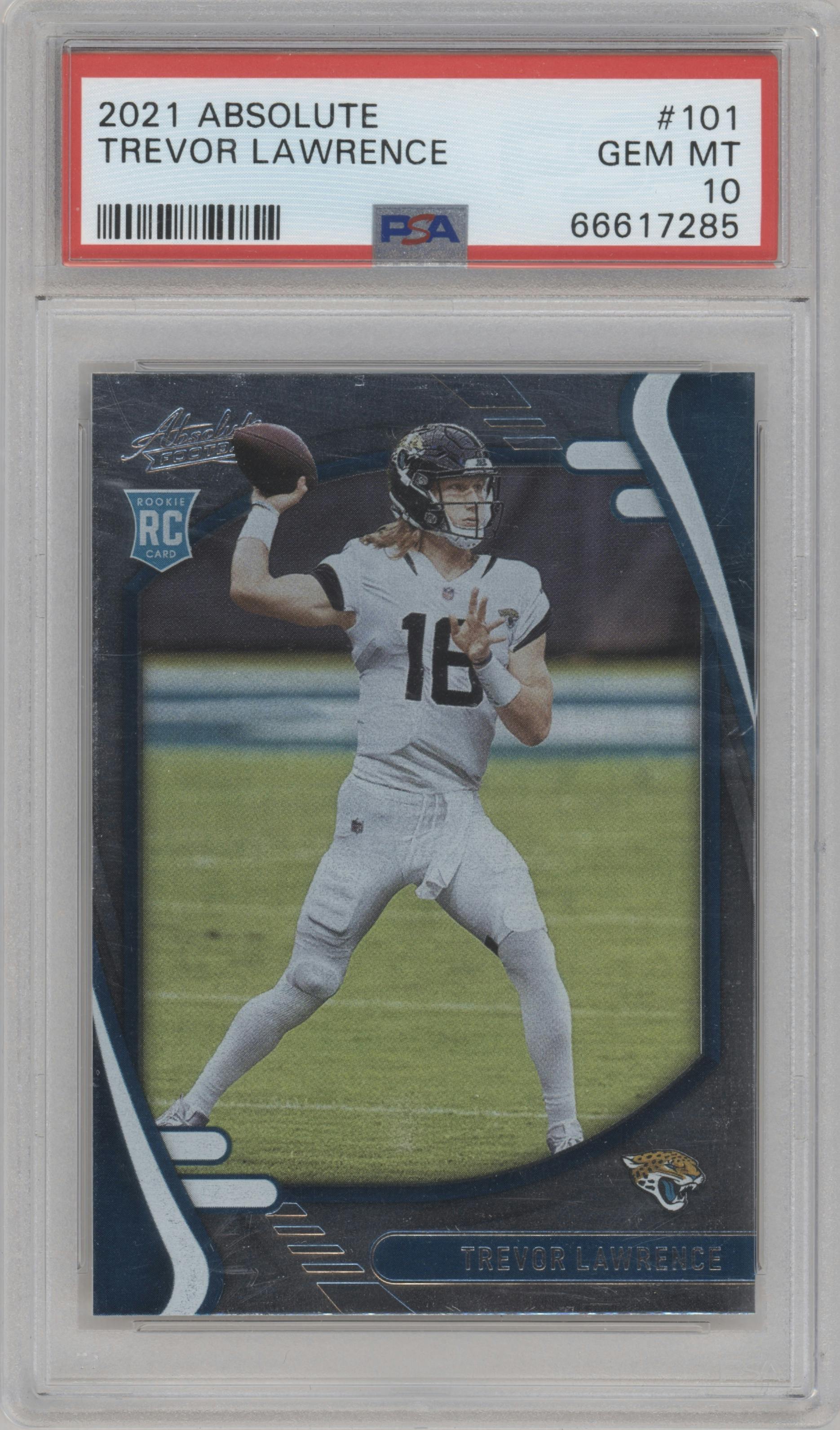 Trevor Lawrence from the 2021 Panini Absolute set graded by PSA and given an overall grade of 10.