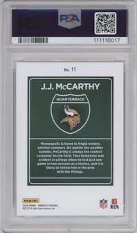 J.J. McCarthy from the 2024 Donruss set graded by PSA and given an overall grade of 10.