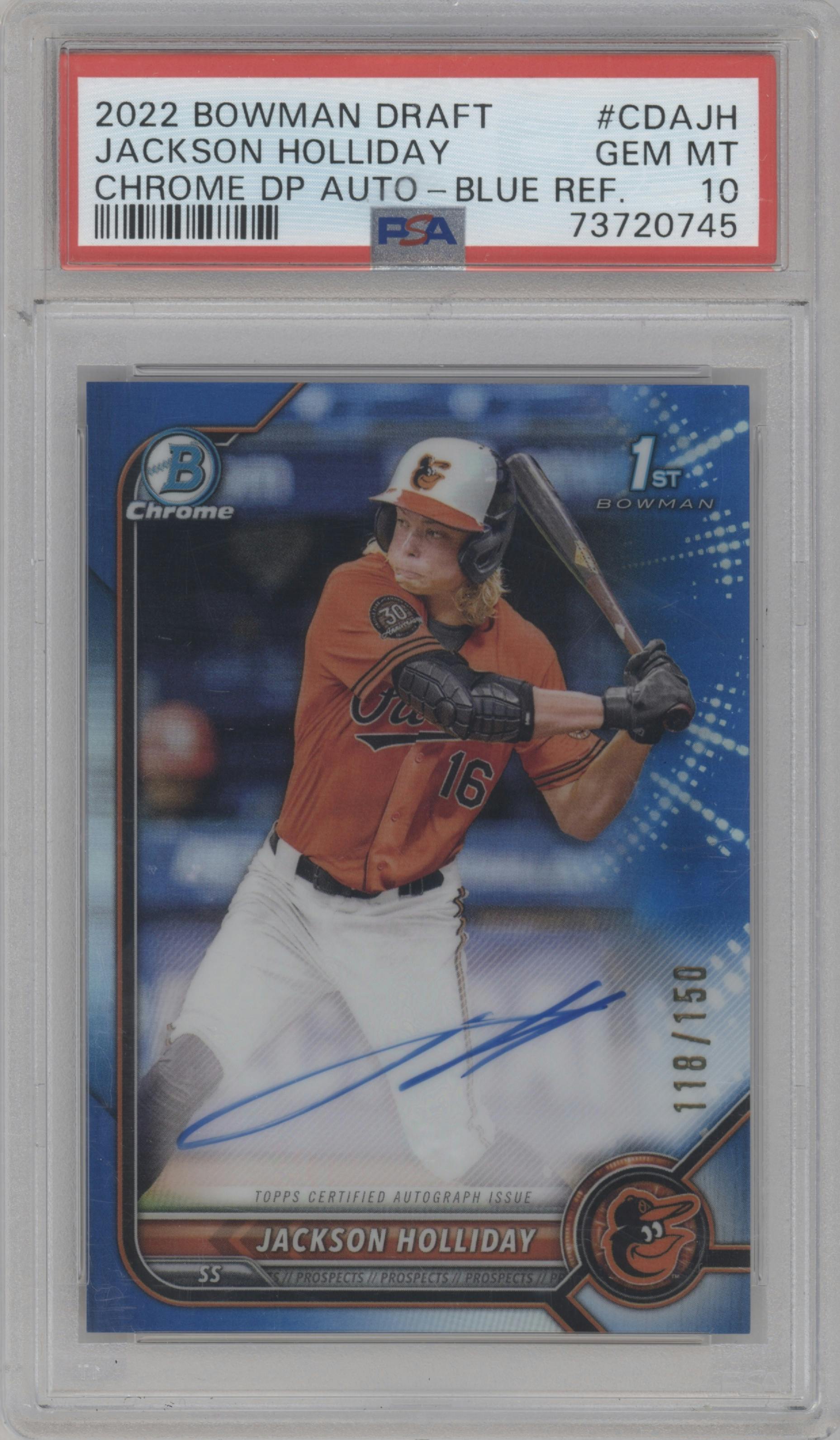 Jackson Holliday from the 2022 Bowman Draft set featuring a Blue Refractor parallel graded by PSA and given an overall grade of 10.