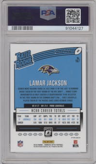 Lamar Jackson from the 2018 Panini Donruss Optic set featuring a Aqua parallel graded by PSA and given an overall grade of 10.