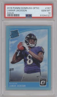 Lamar Jackson from the 2018 Panini Donruss Optic set featuring a Aqua parallel graded by PSA and given an overall grade of 10.