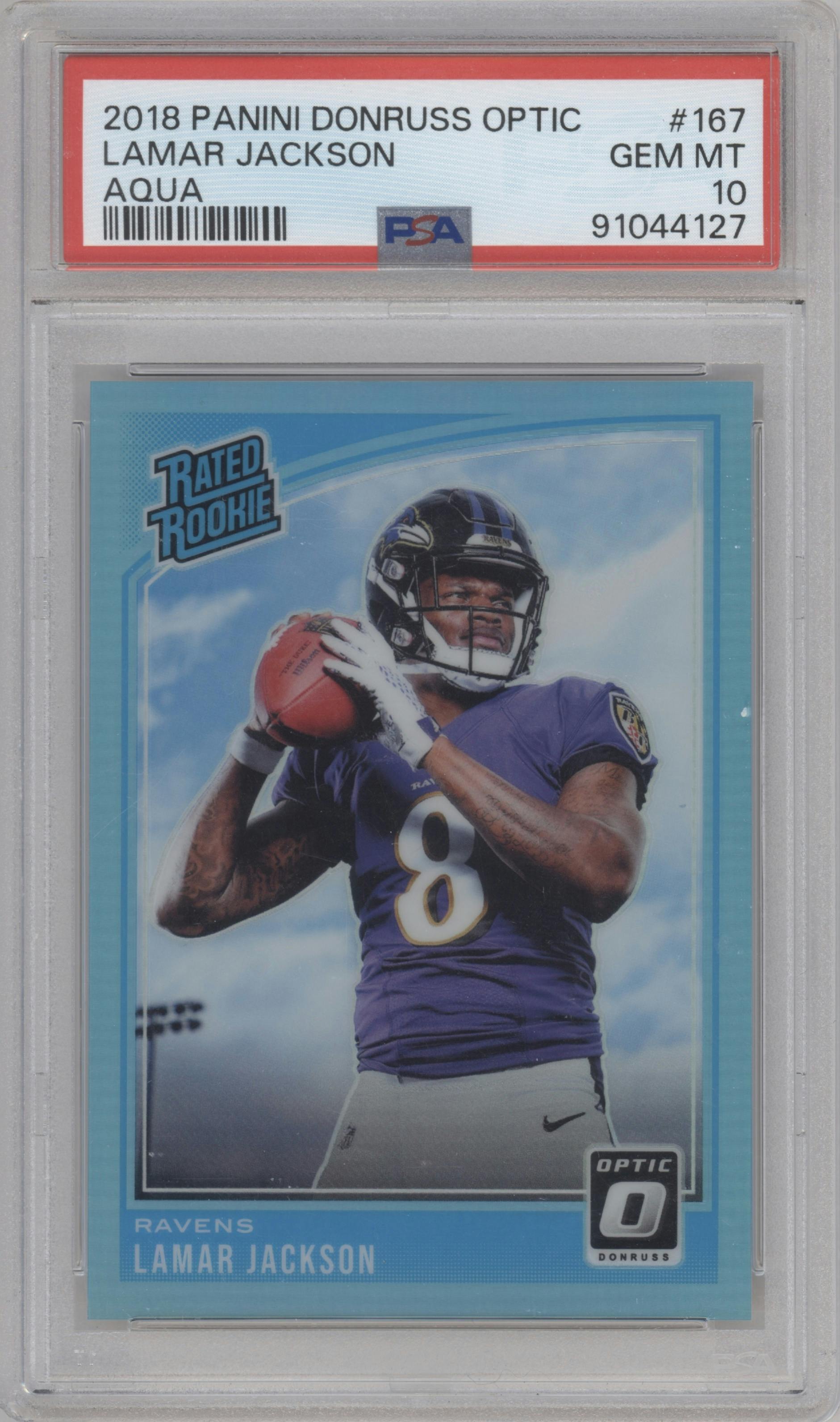 Lamar Jackson from the 2018 Panini Donruss Optic set featuring a Aqua parallel graded by PSA and given an overall grade of 10.