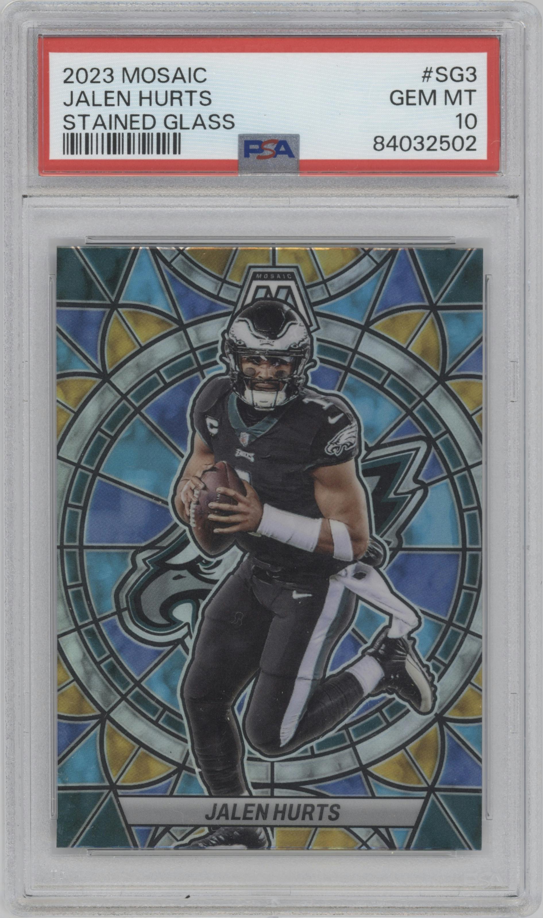 Jalen Hurts from the 2023 Panini Mosaic set graded by PSA and given an overall grade of 10.