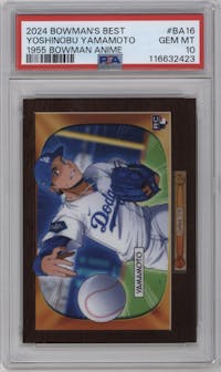 Yoshinobu Yamamoto from the 2024 Bowman's Best set graded by PSA and given an overall grade of 10.