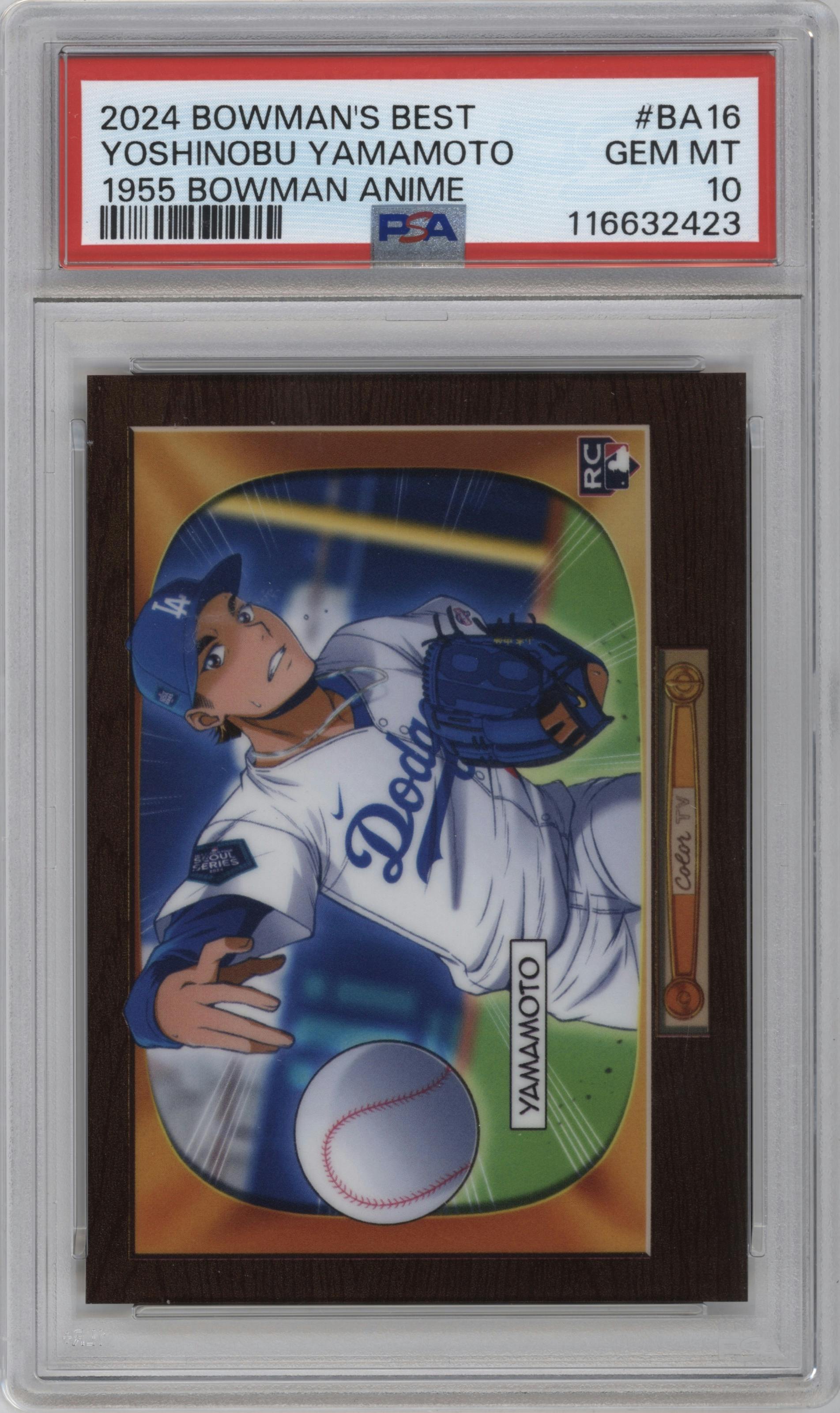 Yoshinobu Yamamoto from the 2024 Bowman's Best set graded by PSA and given an overall grade of 10.