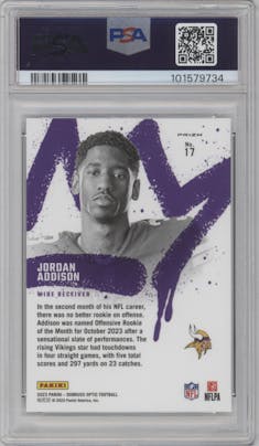 Jordan Addison from the 2023 Donruss Optic set graded by PSA and given an overall grade of 10.