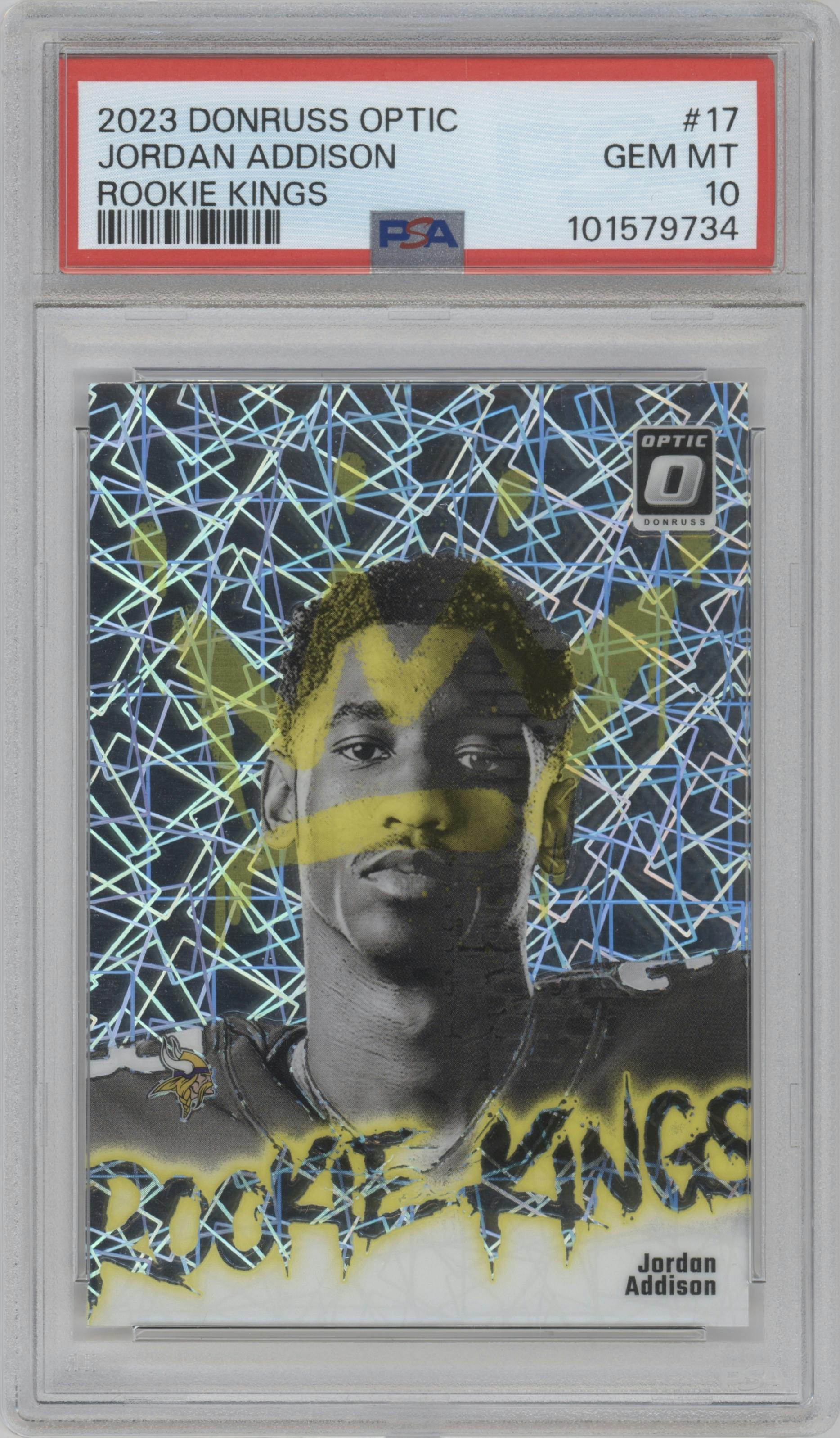 Jordan Addison from the 2023 Donruss Optic set graded by PSA and given an overall grade of 10.